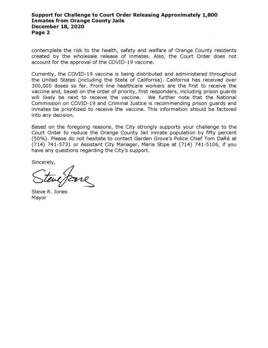 City Issues Letter of Support for Challenge to Court Order Releasing